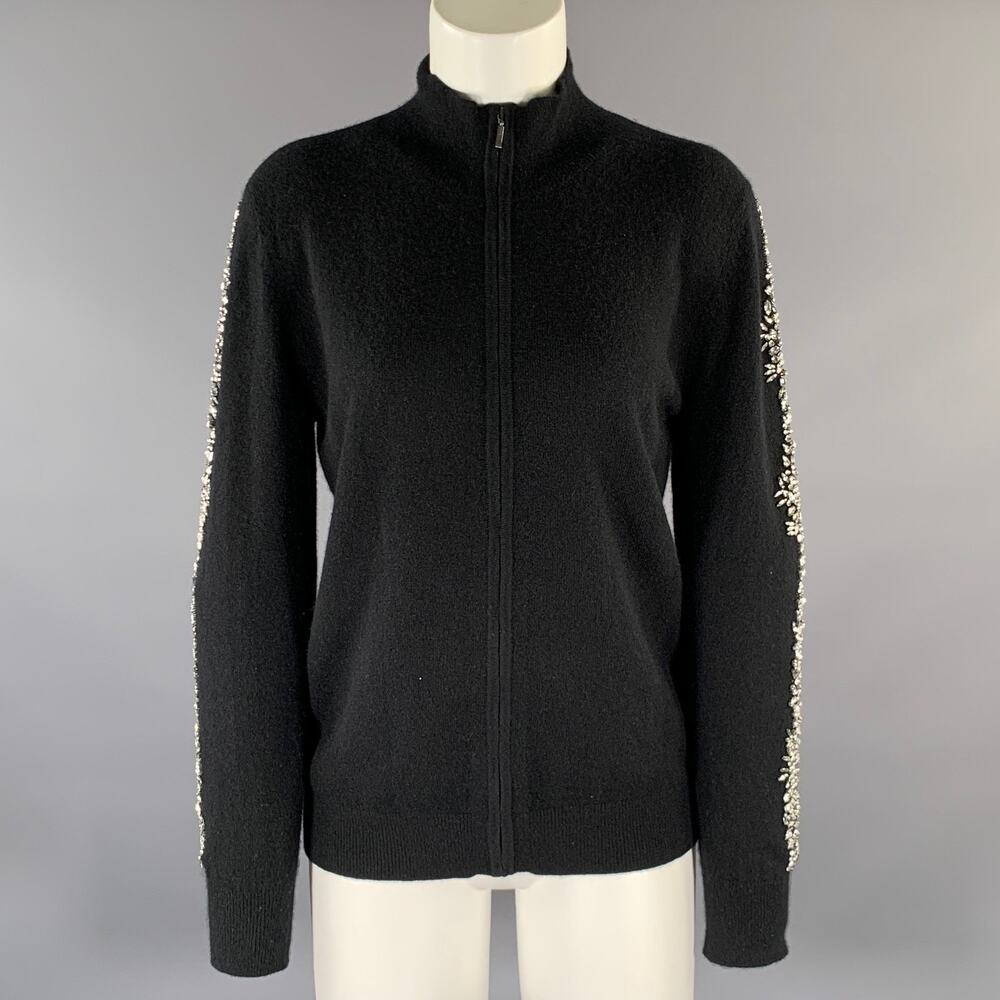 NEIMAN MARCUS Size M Black Cashmere Embellishment Zip Up Cardigan